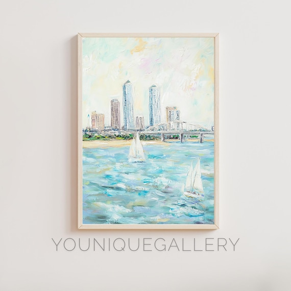 River Skyline Sailboats Impressionist City Waterfront Oil Wall Art