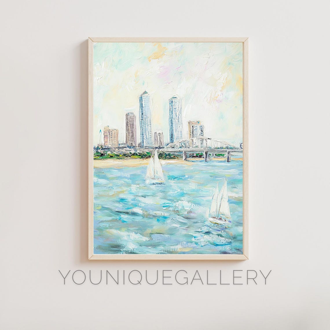 River Skyline Sailboats Impressionist City Waterfront Oil Wall Art