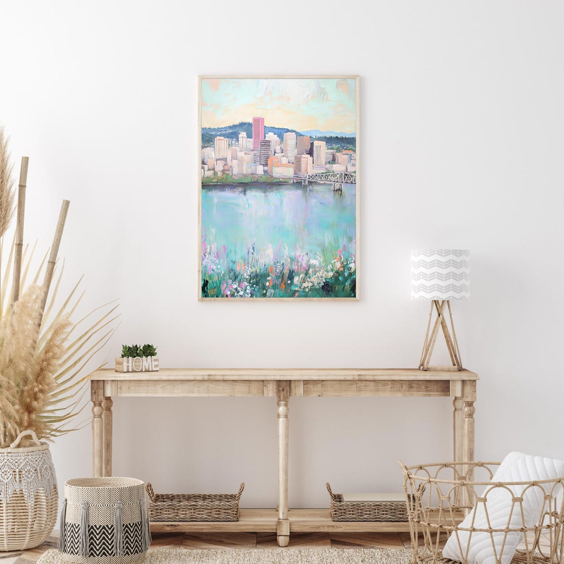 Portland Oregon Skyline Bridge Wildflower River Oil Painting Poster - Image 3