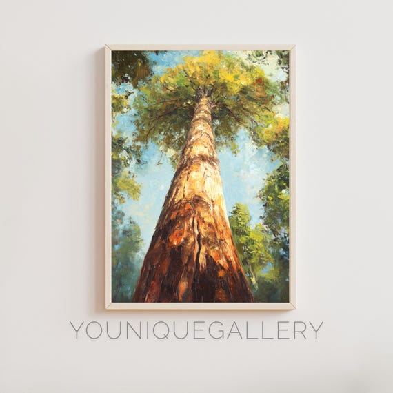 Giant Redwood Tree Wall Art Majestic Forest Landscape Painting Nature Lover Tall Tree Perspective Art