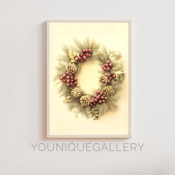 Vintage Christmas Wreath Pine Cones and Red Berries Art Poster