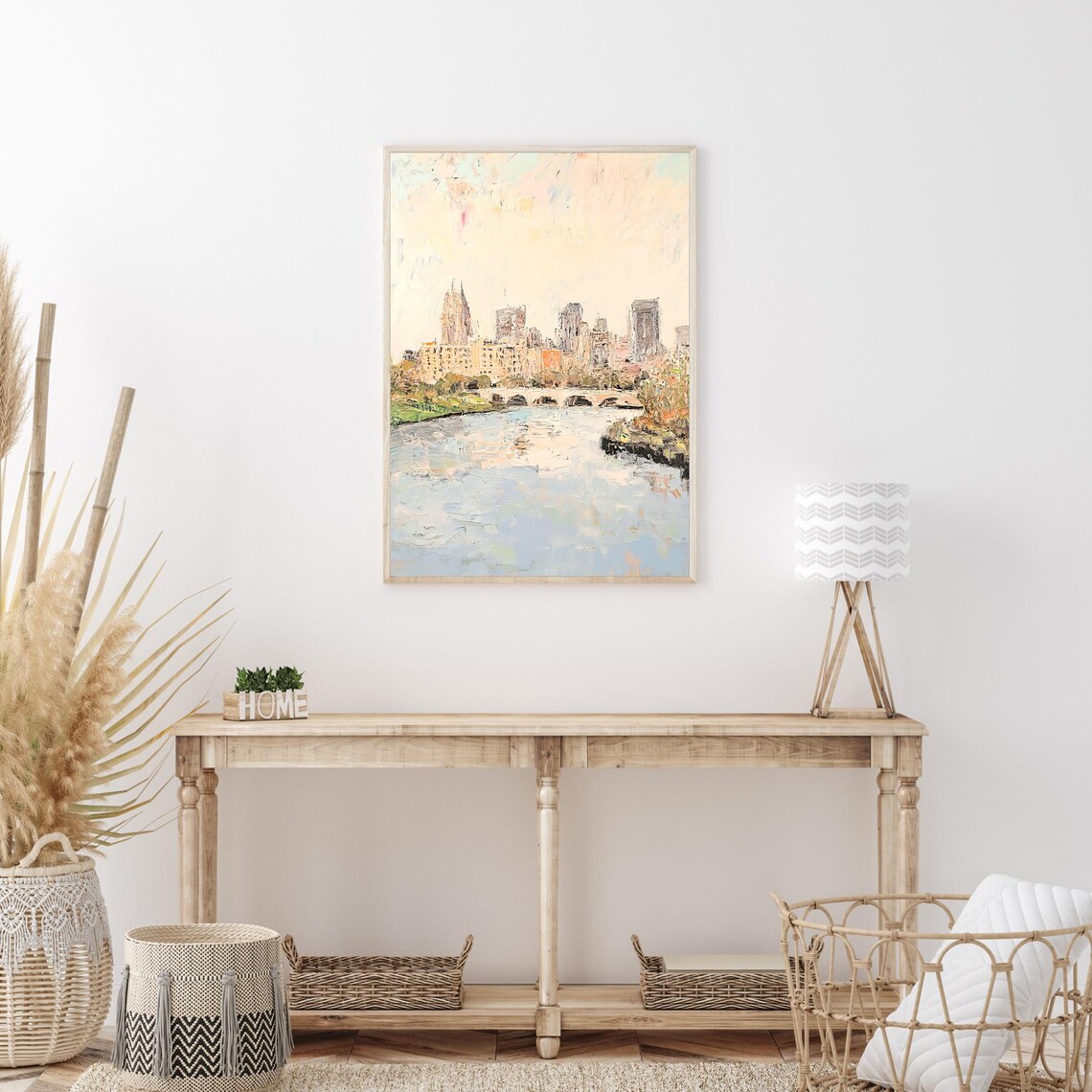 City Skyline Arched Stone Bridge River Impressionist Oil Painting Wall Art - Image 3