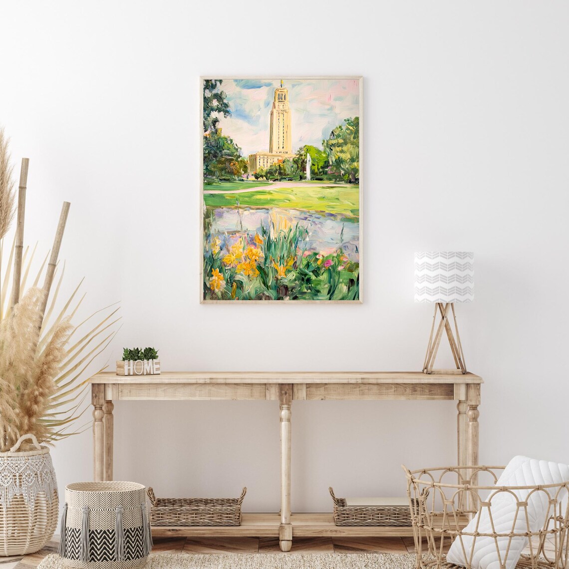 University Clock Tower Campus Pond Flower Garden Oil Painting Wall Art - Image 3