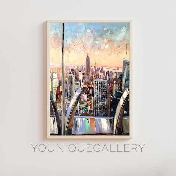 New York City Skyline Empire State Sunset Observation Deck Oil Poster