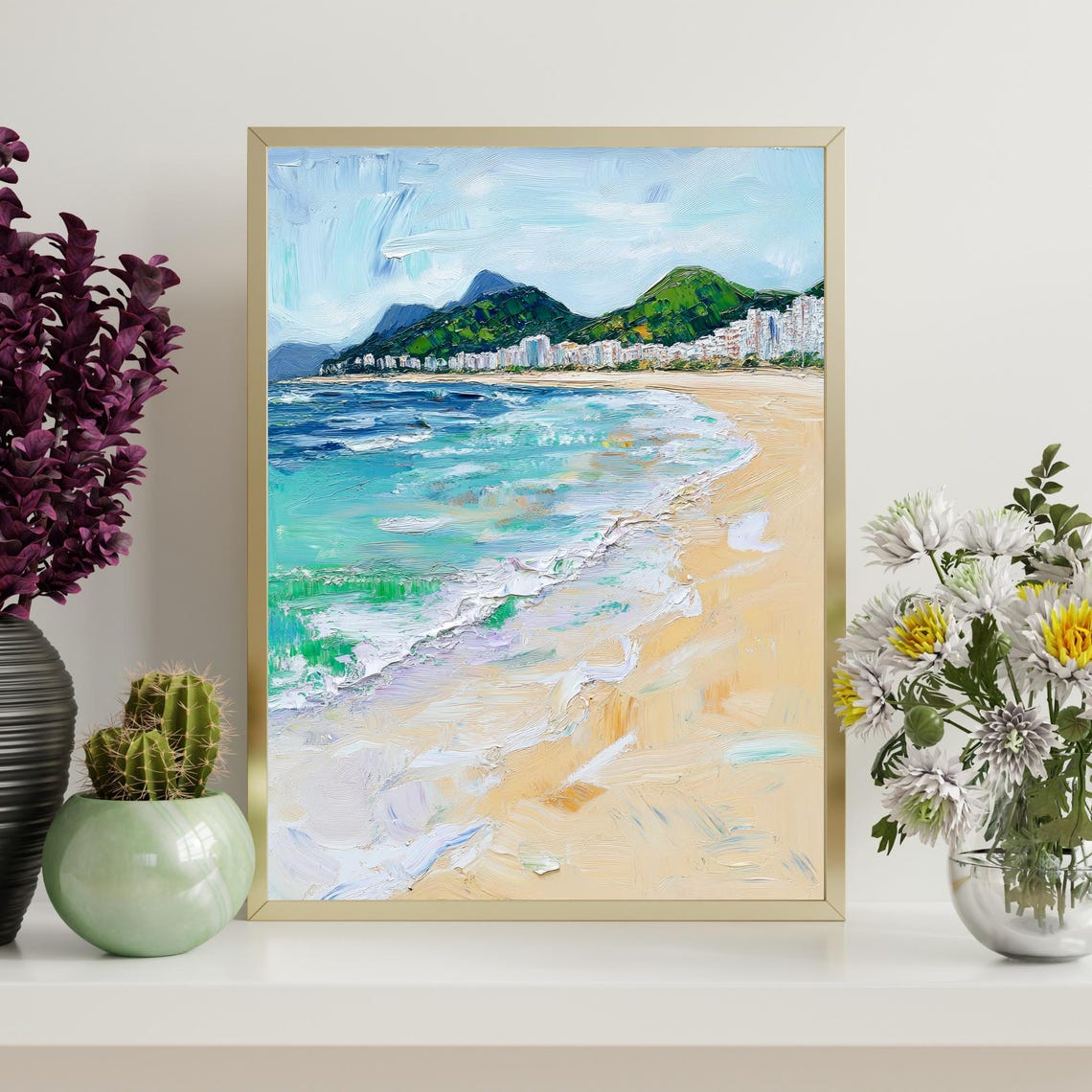 Copacabana Beach Rio Golden Sand Turquoise Waves Mountains Oil Poster - Image 4