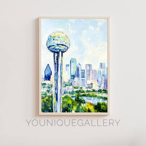 Dallas Reunion Tower Skyline City View Pastel Blue Oil Painting Poster