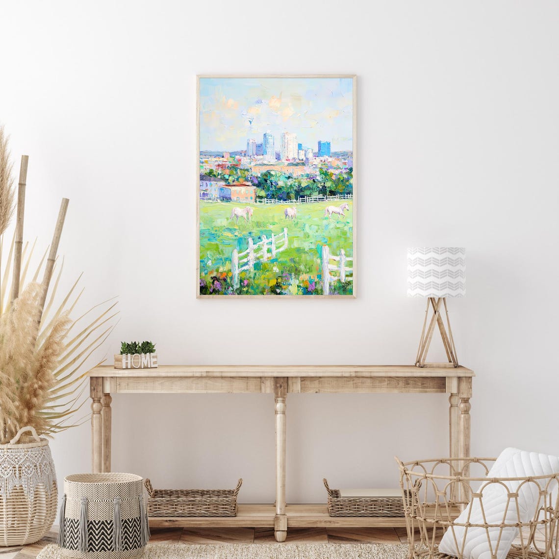 White Horses Pasture City Skyline Pastoral Impressionist Wall Art - Image 3