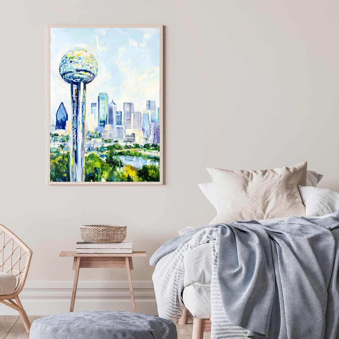 Dallas Reunion Tower Skyline City View Pastel Blue Oil Painting Poster - Image 2