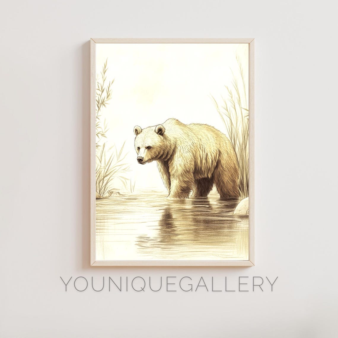 Serene Brown Bear At Rivers Edge Nature Wildlife Art Print Wilderness Wall Decor Bear Illustration