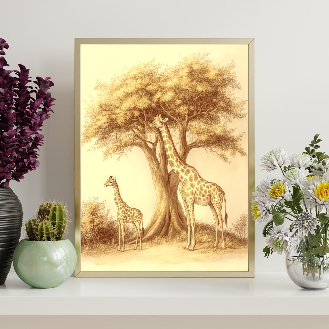 Giraffe Pair Under Acacia Tree Sepia Sketch Safari Animal Wall Art - Image 4