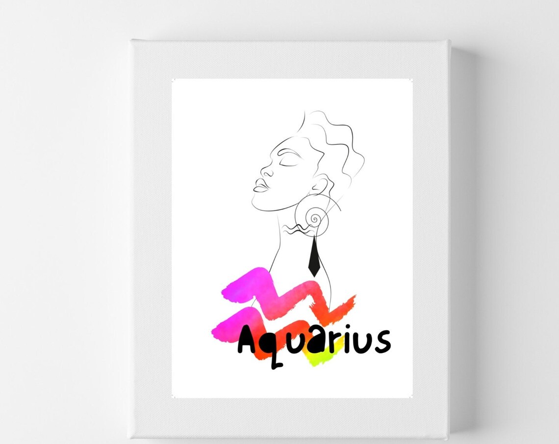 Aquarius Zodiac Line Art Woman Watercolor Wave Star Sign Poster