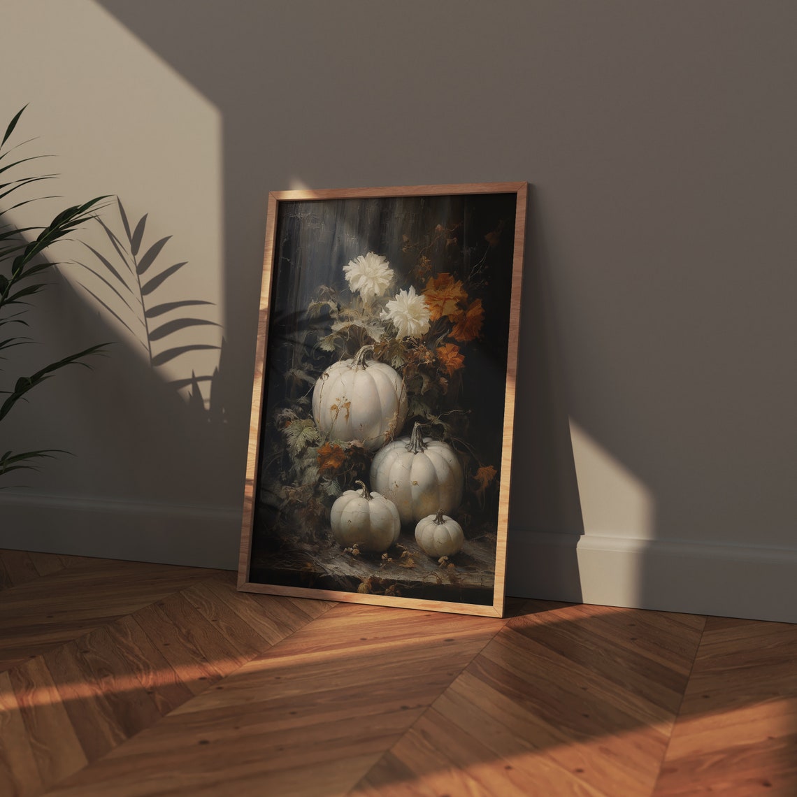 White Pumpkins With Chrysanthemums Dark Moody Still Life Poster