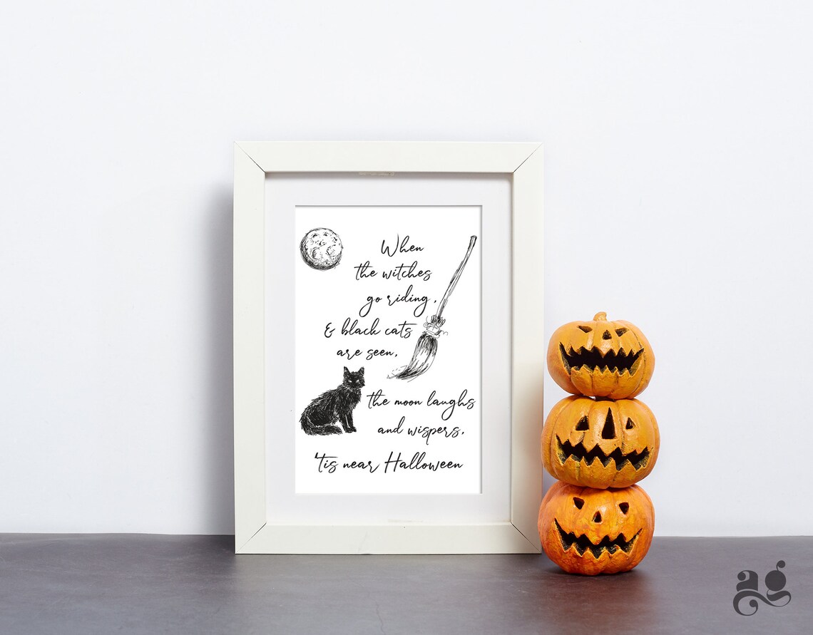 Halloween Witches Quote Poster with Black Cat and Broom, Primitive Decor - Image 2