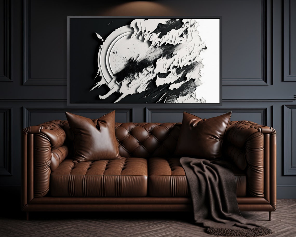 Monochrome Black White Splash Paint Circular Burst Abstract Art Poster - Image 3
