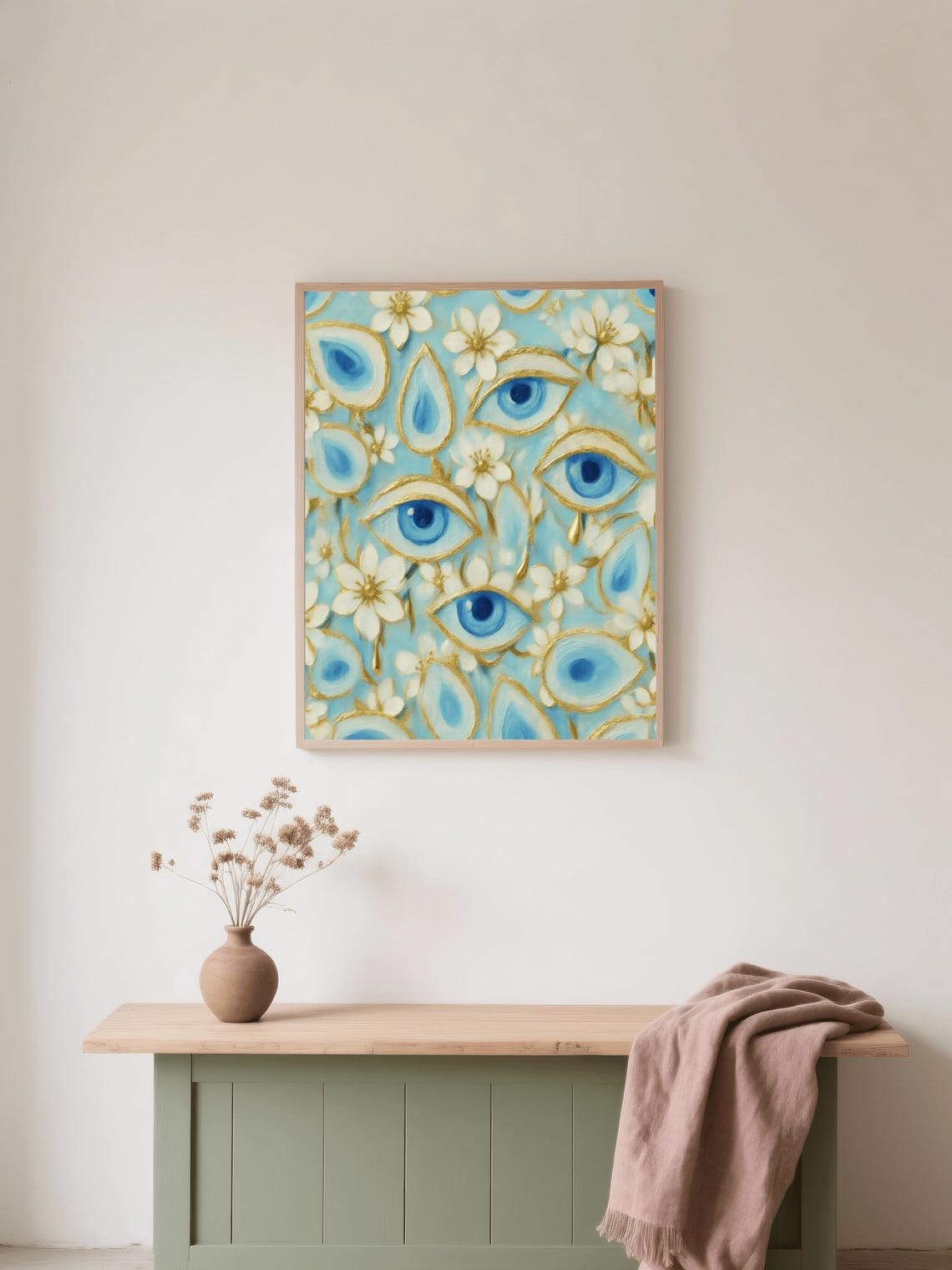 Blue Evil Eye Floral Pattern Gold Turkish Charm Boho Wall Poster