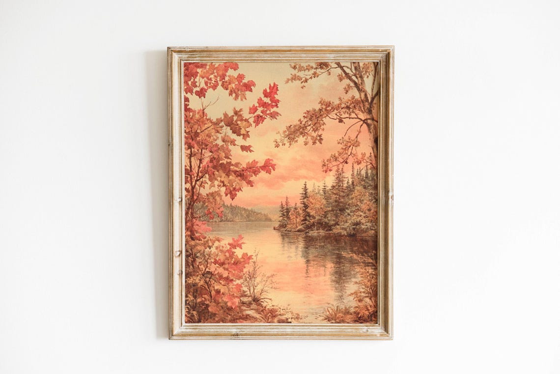 Vintage Autumn Lake Red Maple Sunset Reflection Painting Poster