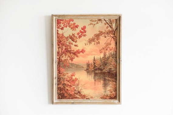 Moody Fall Landscape Wall Art Autumn Prints Vintage Rustic Lake Printable Painting Print Nature Farmhouse Decor