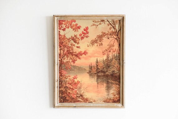 Vintage Autumn Lake Red Maple Sunset Reflection Painting Poster