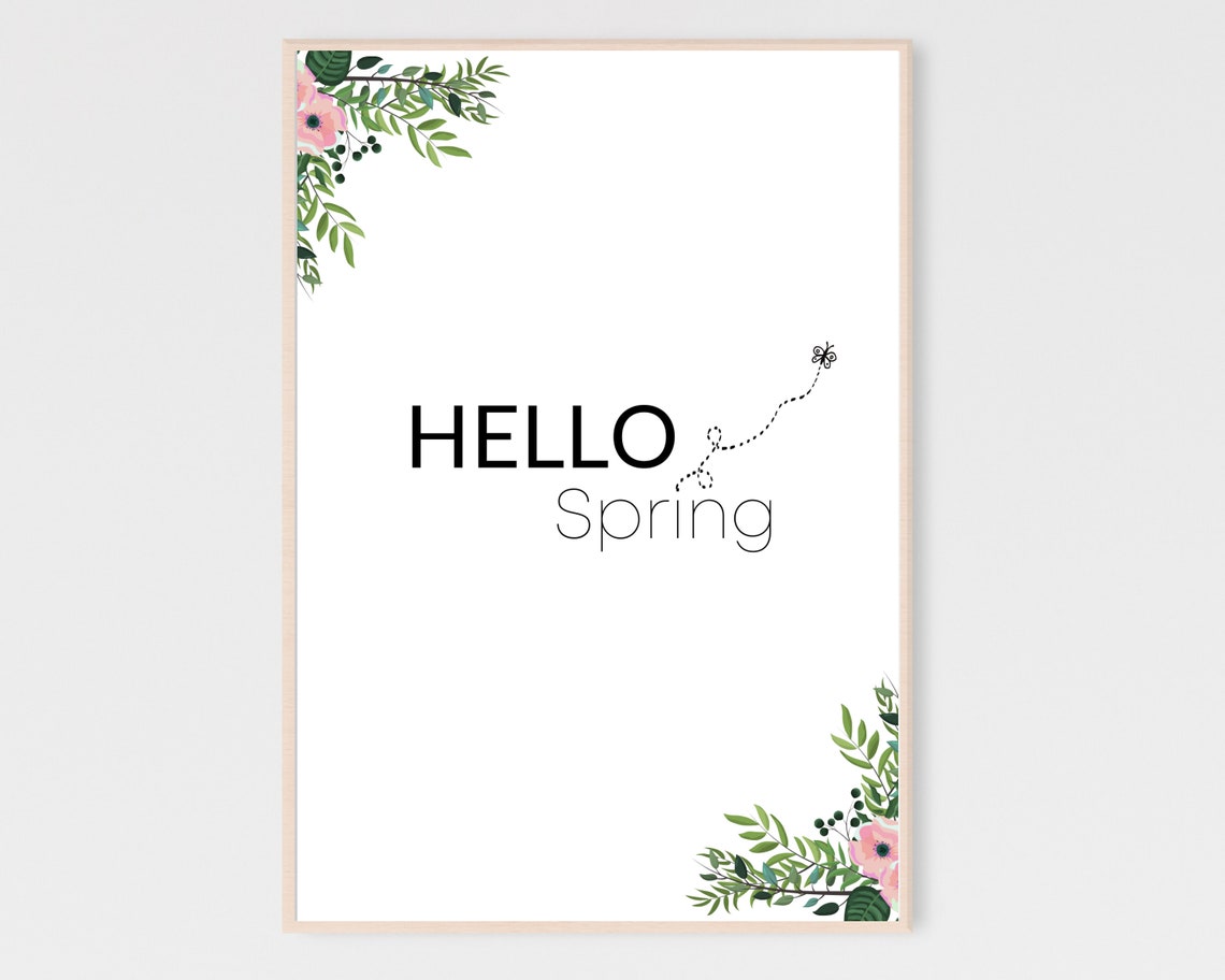 Hello Spring Floral Typography Bright Cheerful Home Decor Poster