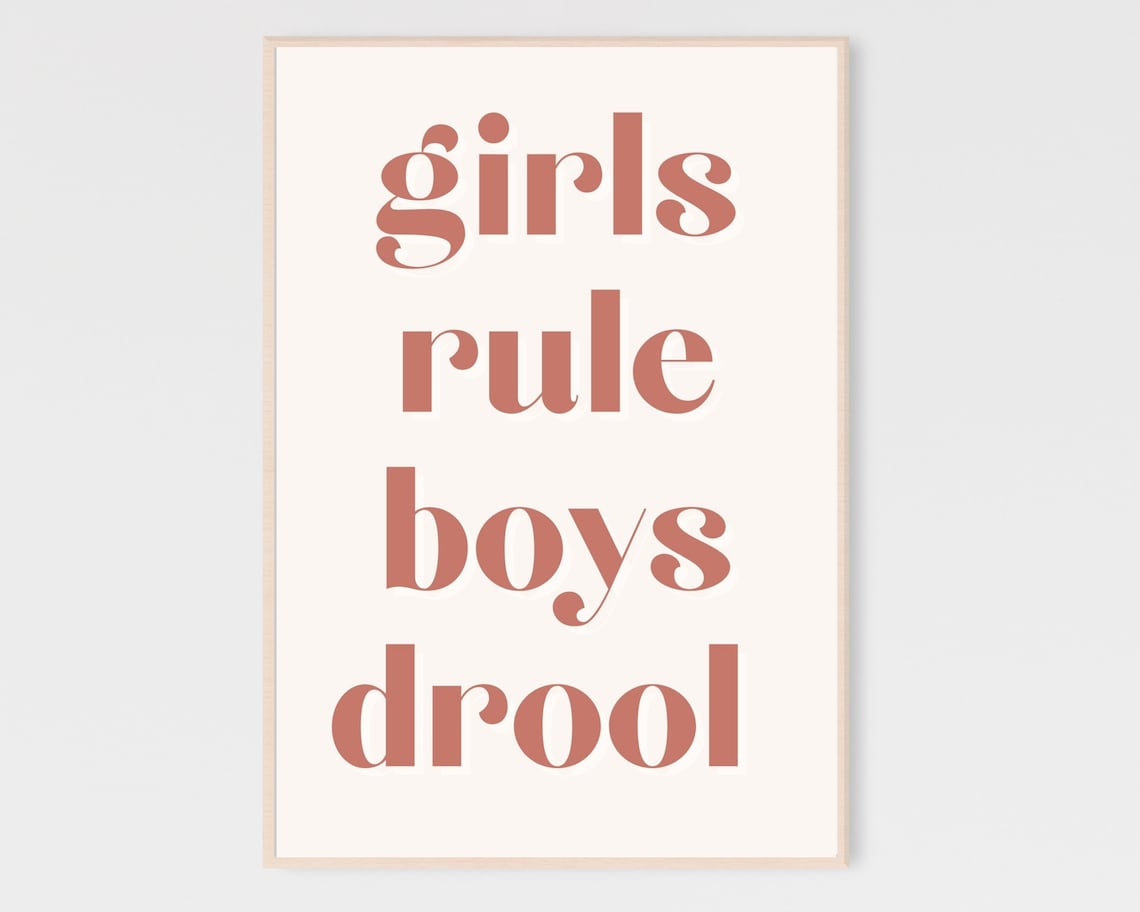 Girls Rule Boys Drool Typography Poster Blush Pink Feminist Quote Decor