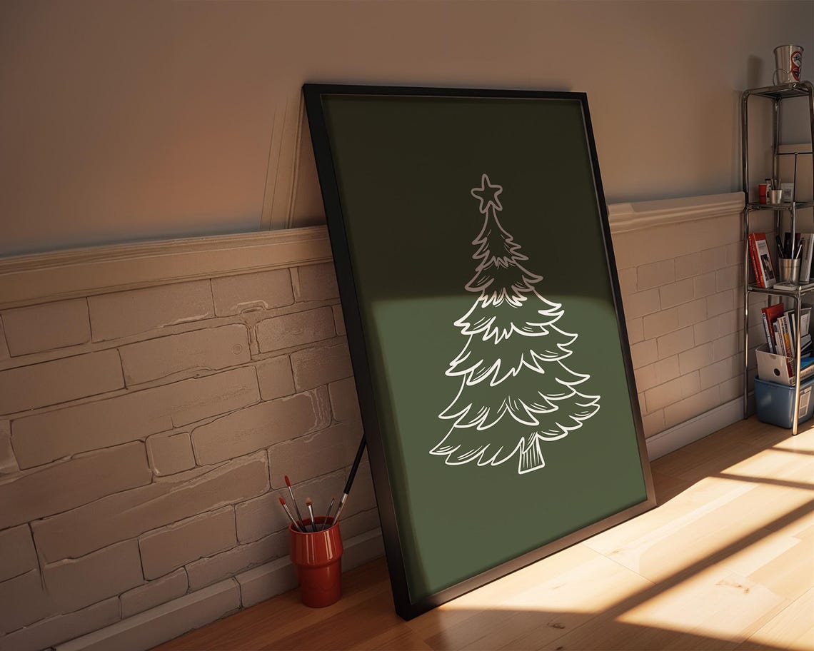 White Line Art Christmas Tree on Forest Green Holiday Poster - Image 3