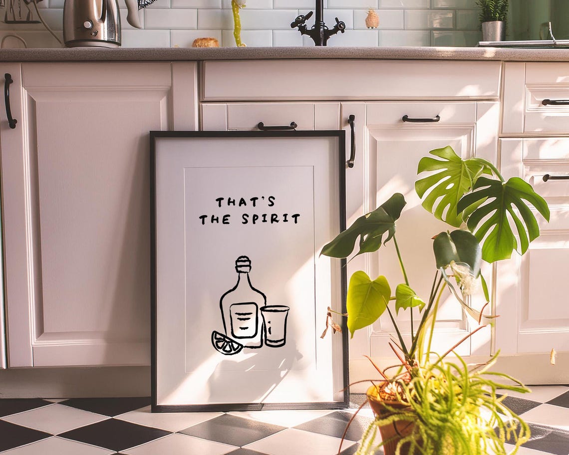 That's the Spirit Bottle and Glass Punny Black Line Art Poster - Image 3