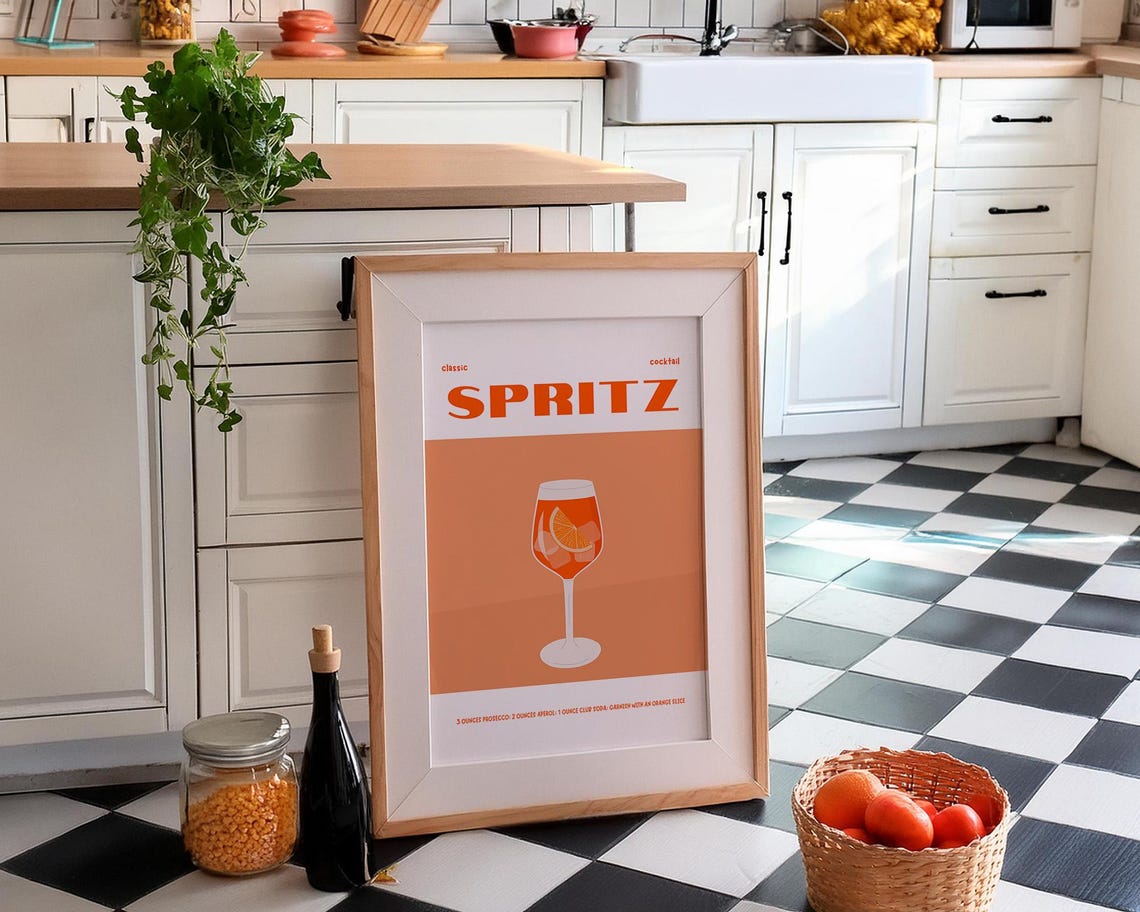 Spritz Classic Cocktail Recipe Orange Aperol Bar Cart Poster