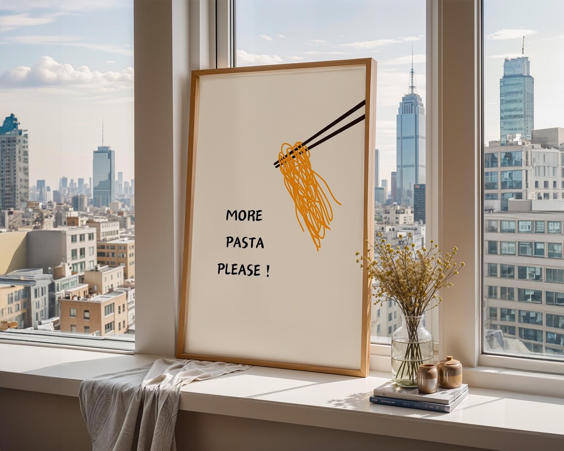 More Pasta Please Chopsticks Lifting Golden Noodles Art Poster - Image 2