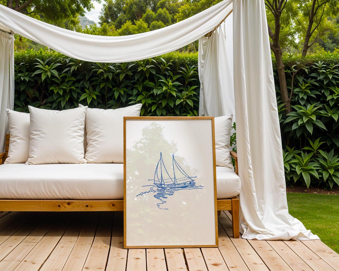 Blue Line Art Sailboat Coastal Nautical Sketch Minimalist Poster - Image 2