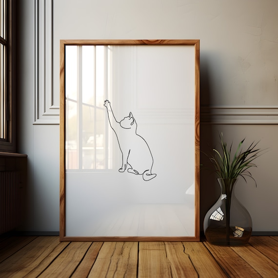 Minimalist Single Line Art Cat Reaching Up Modern Decor Poster