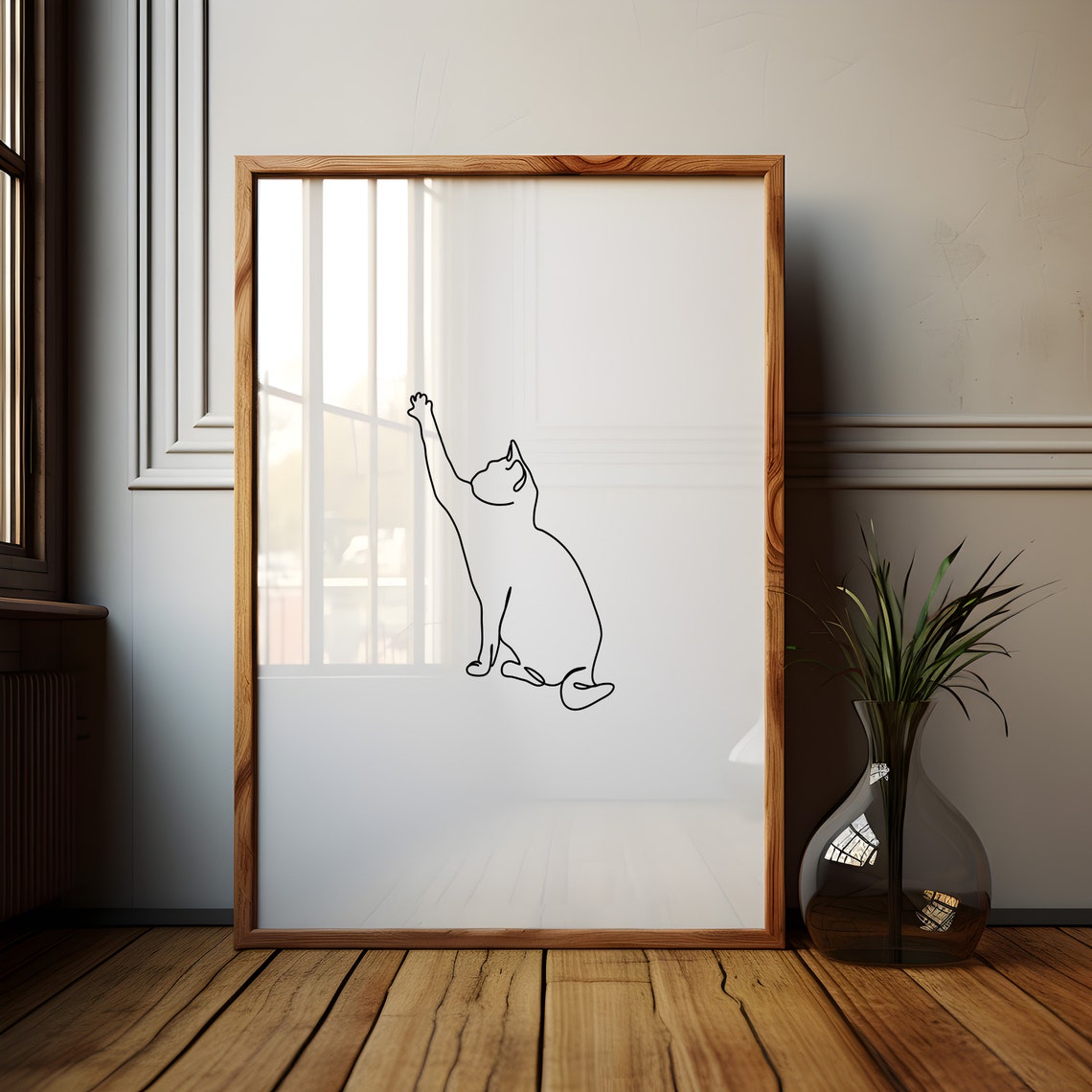 Minimalist Single Line Art Cat Reaching Up Modern Decor Poster