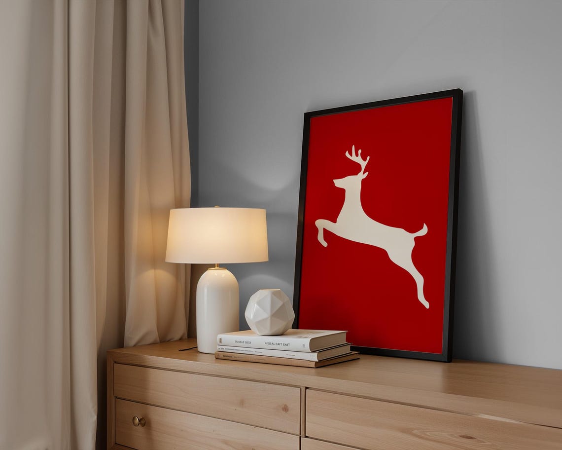 White Reindeer Silhouette on Red Modern Minimalist Christmas Poster - Image 3