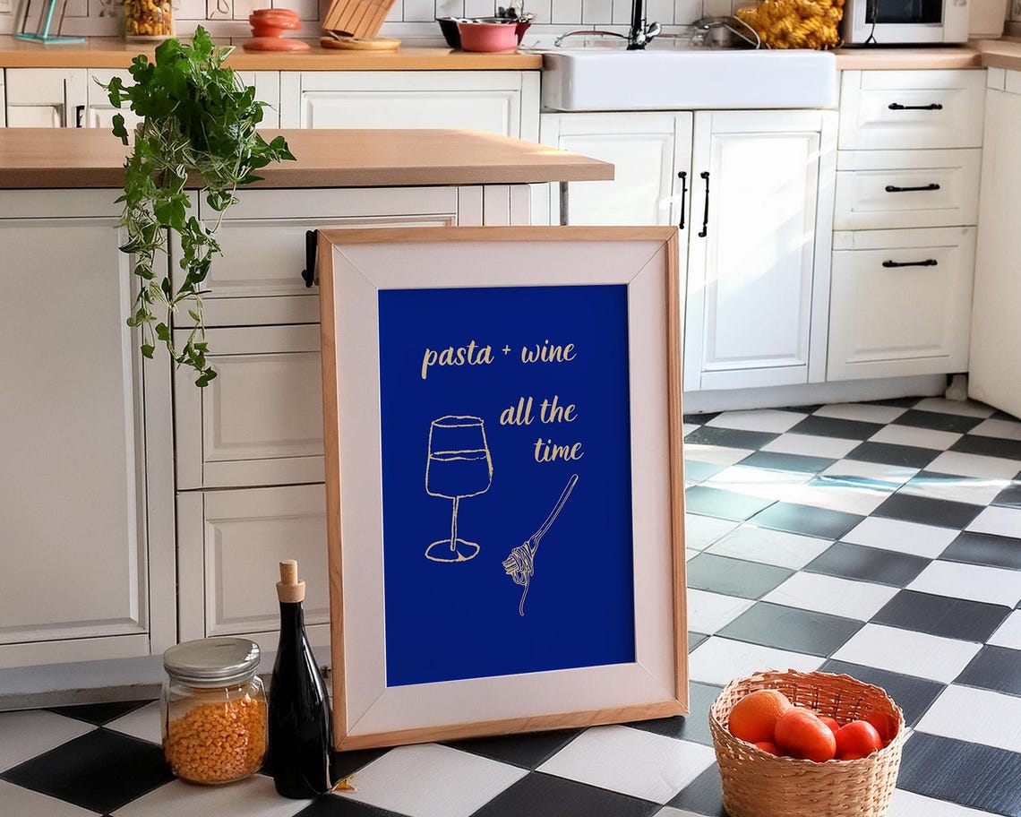Pasta Plus Wine All the Time Cobalt Blue Kitchen Decor Poster - Image 3