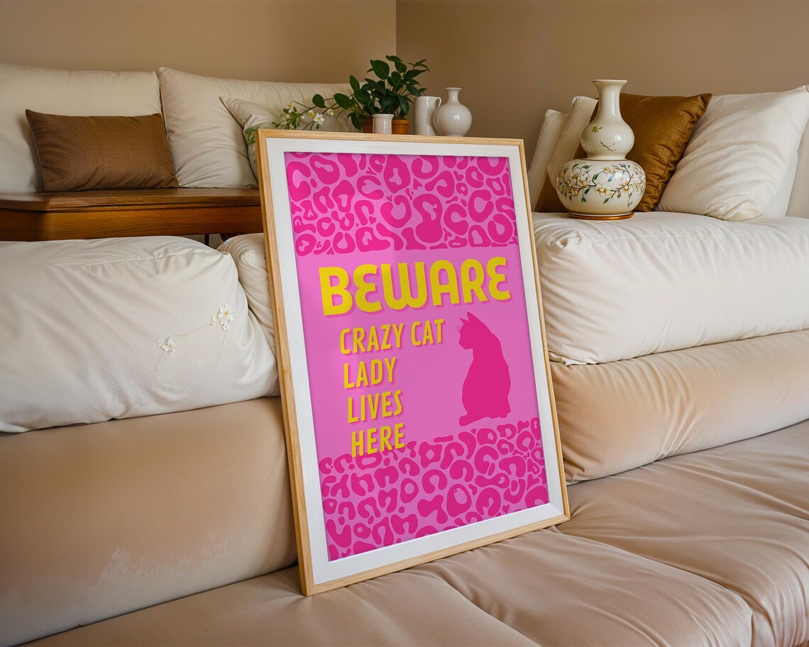 Beware Crazy Cat Lady Lives Here Bold Hot Pink Leopard Poster - Image 3