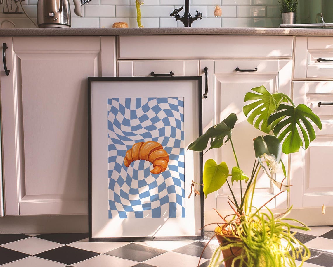 French Croissant on Blue Wavy Checkered Retro Kitchen Poster - Image 3