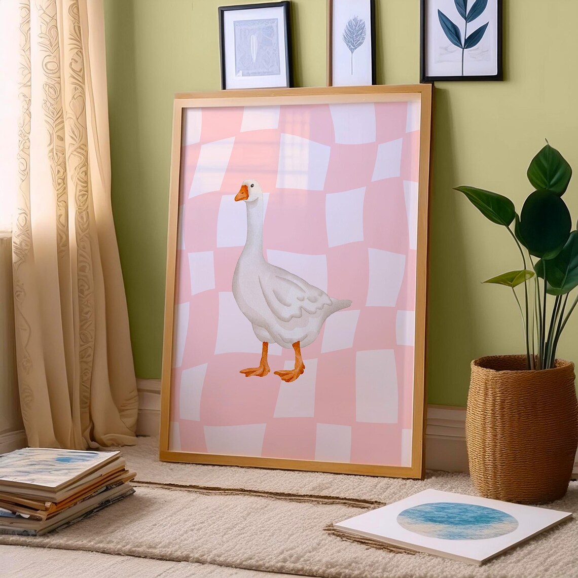 White Goose on Pink Wavy Checkered Trendy Preppy Animal Poster - Image 4
