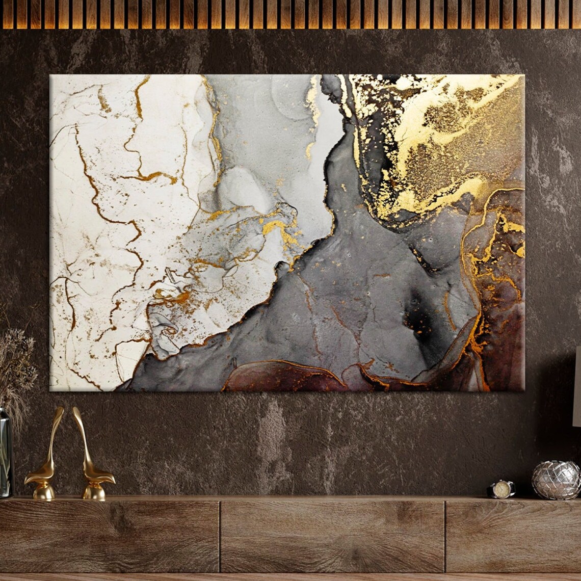 Gray Gold Marble Abstract Fluid Art Dark Luxury Modern Decor Poster