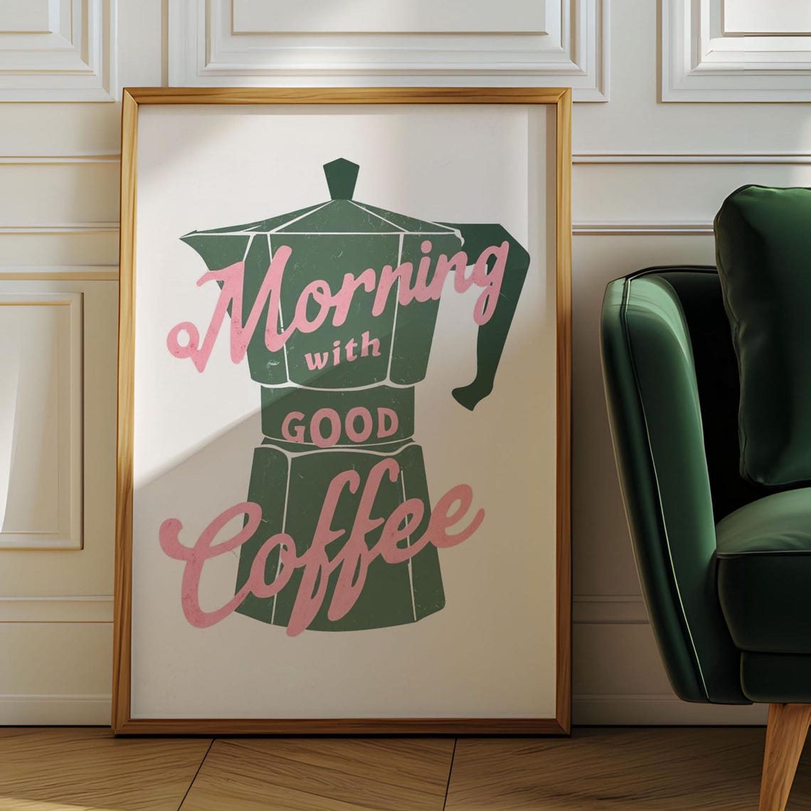 Morning with Good Coffee Green Moka Pot Retro Kitchen Poster