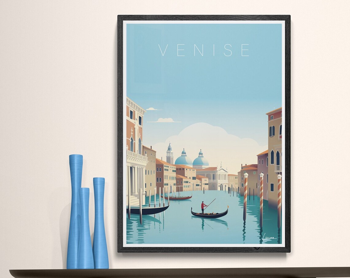 Poster Illustration Venice I Italy Saint Marks Basilica Gondola