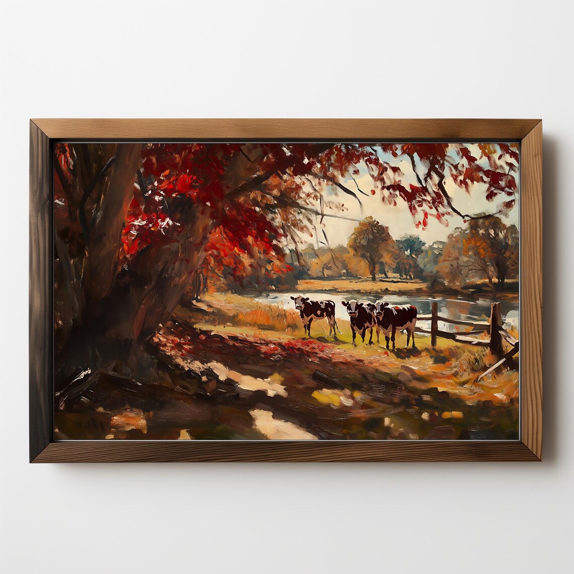 Autumn Cows By The Pond Red Foliage Countryside Farmhouse Art Poster