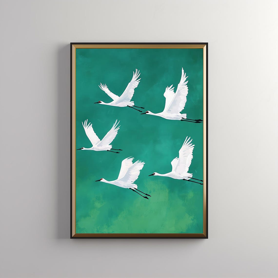 White Cranes In Flight On Emerald Green Background Art Print