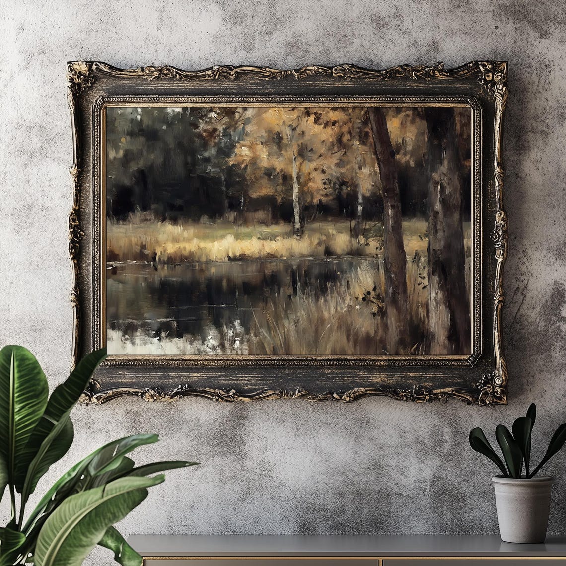 Moody Autumn Pond Birch Trees Dark Forest Reflection Oil Poster - Image 2