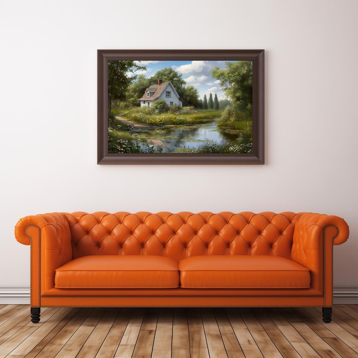 White Cottage By The Pond Summer Garden Vintage Landscape Art Poster