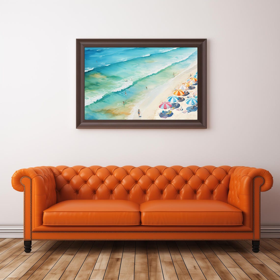 Aerial Beach Umbrellas Turquoise Waves Summer Coast Watercolor Poster - Image 2