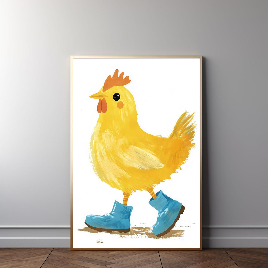 Cute Yellow Chicken Wearing Blue Boots Funny Watercolor Wall Art