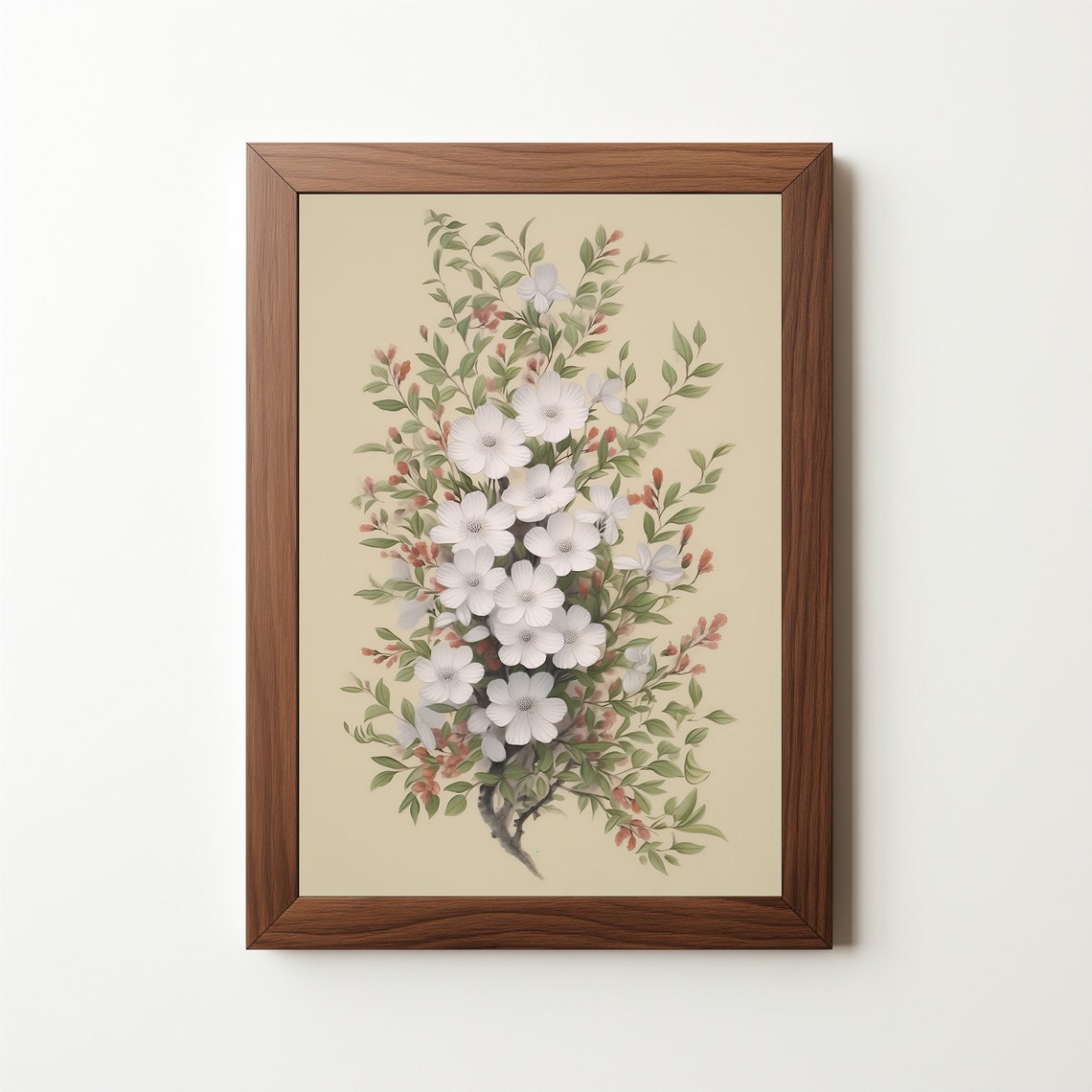 White Wildflowers With Pink Buds Vintage Botanical Floral Art Poster