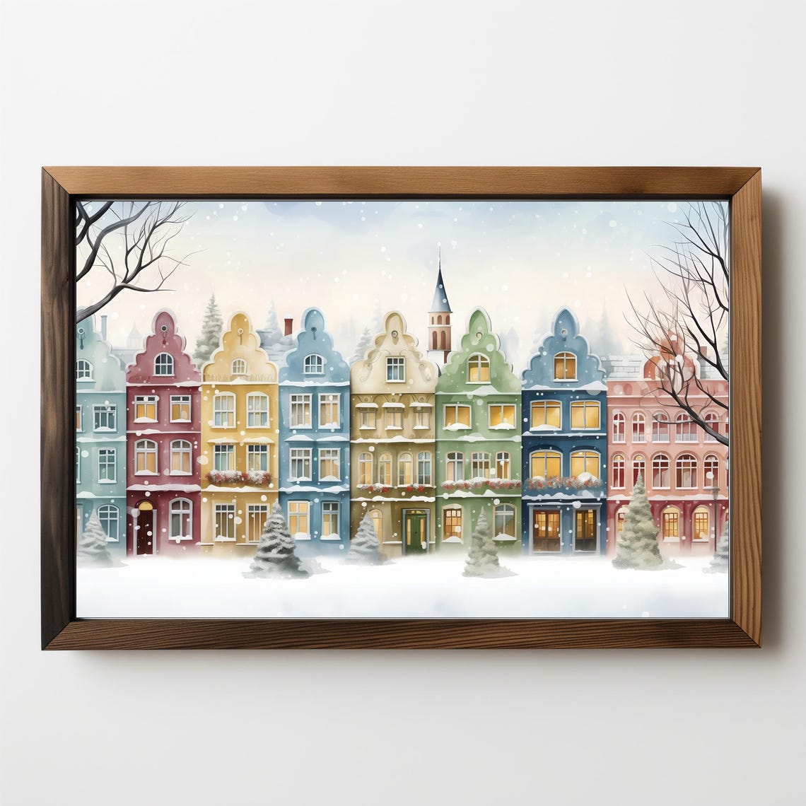 Christmas Houses Painting Pastel Christmas Village Art Winter Town Cozy Christmas Home Decor Pink Christmas Art 474