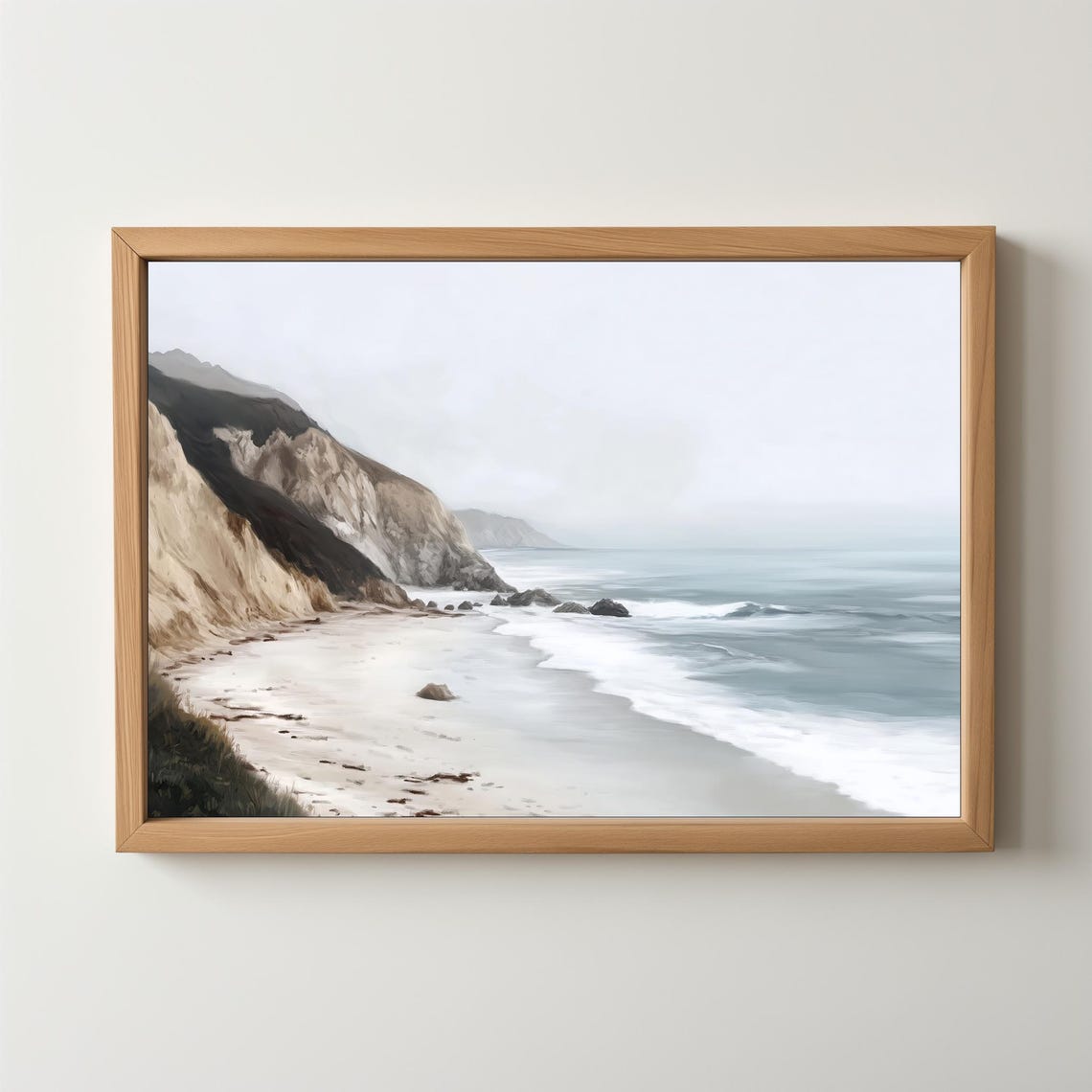 Misty Coastal Beach Cliffs Painting Foggy Ocean Waves Serene Wall Art - Image 5