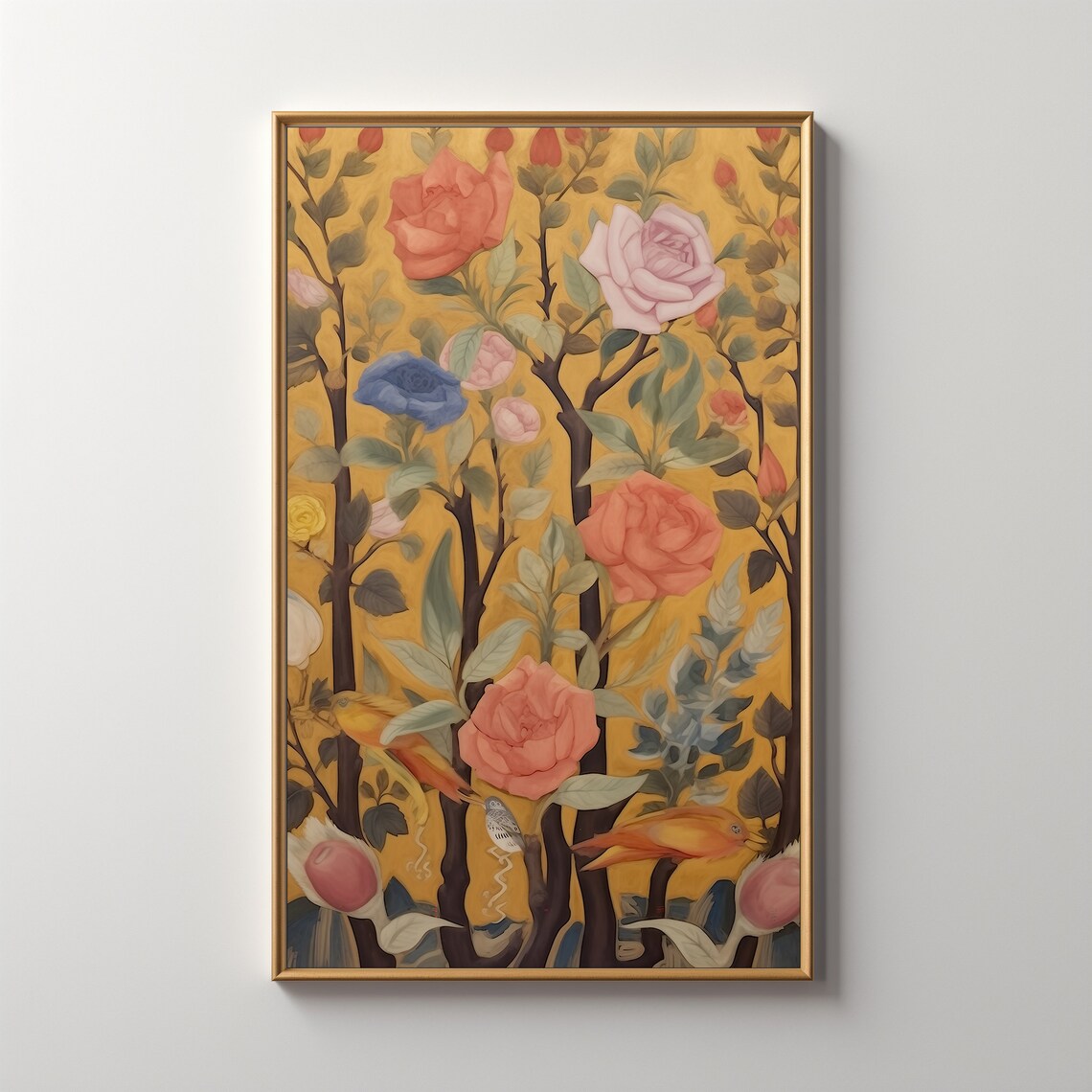 Folk Art Roses Birds Golden Background Vintage Botanical Style Poster - Image 5