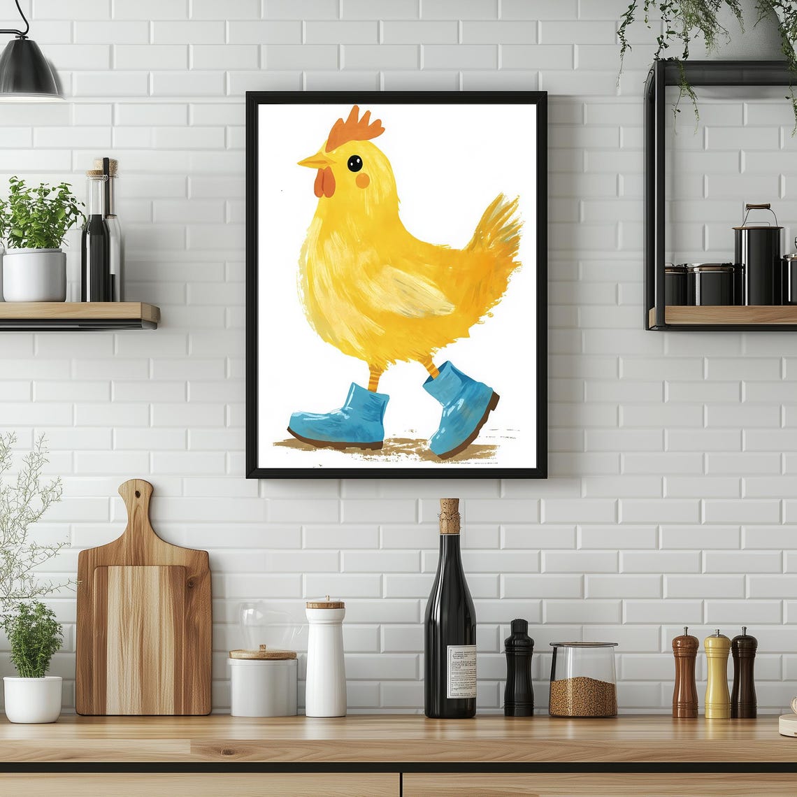 Cute Yellow Chicken Wearing Blue Boots Funny Watercolor Wall Art - Image 3